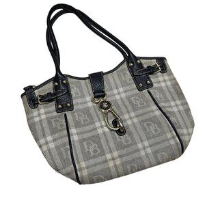 Dooney & Bourke vintage Plaid Canvas Leather Shoulder Bag‎ black white Clip